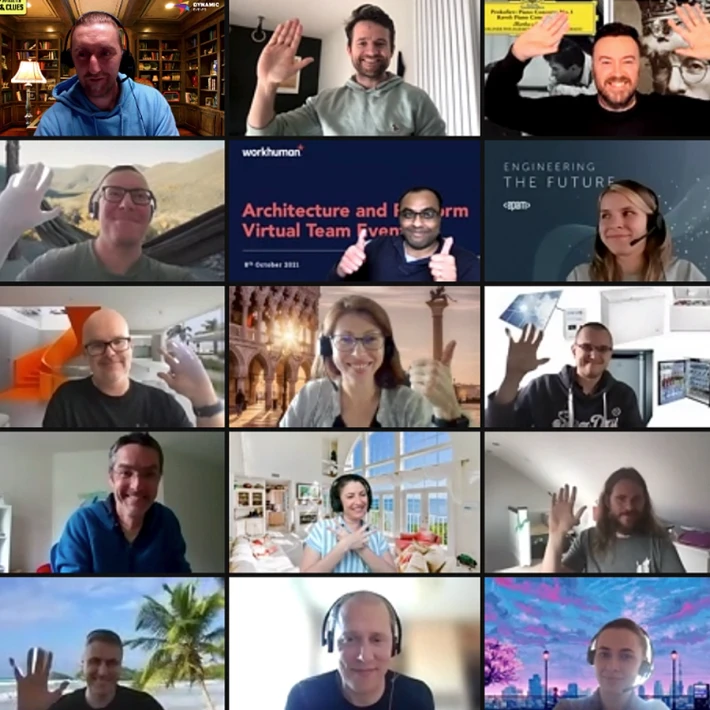 Remote teams smiling and waving during a live virtual escape room video call, connecting through online team building activities for remote and hybrid groups
