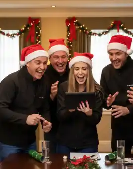 Colleagues enjoying a festive team building Christmas party activity without alcohol, with Christmas tree and decorations in the background in Ireland.