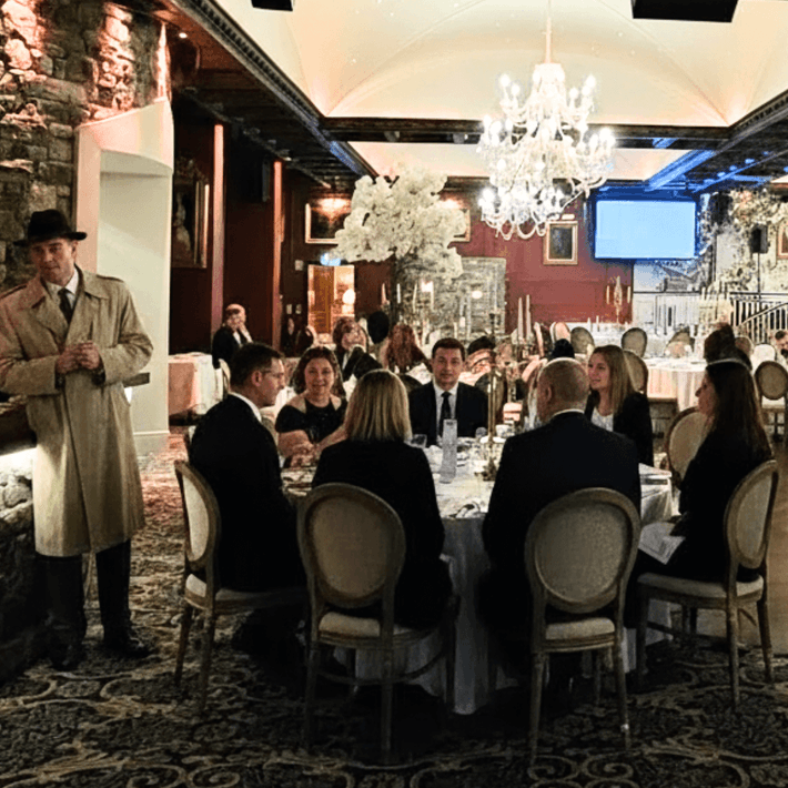 Corporate murder mystery team building in Ireland with live actor detective investigating staged crime scene