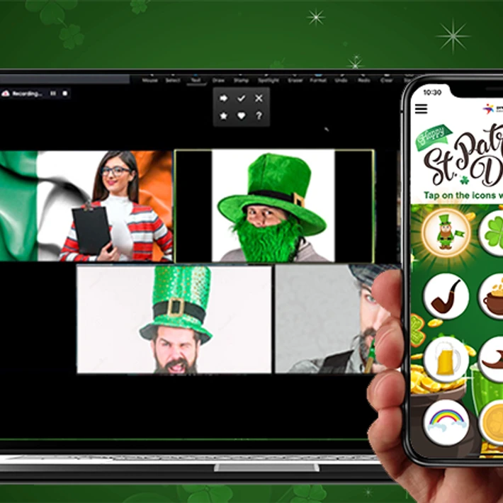 Virtual St Patrick’s Day team building quiz with teams playing an Irish themed quiz on mobile and laptop