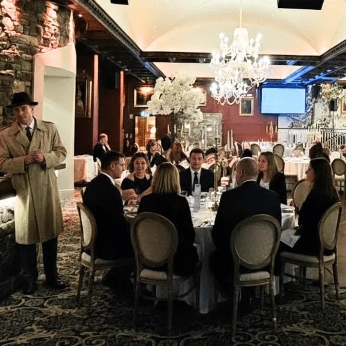 Corporate murder mystery team building in Ireland with live actor detective investigating staged crime scene