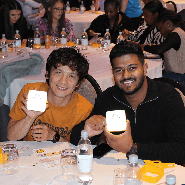 two men holding SolarBuddy lights